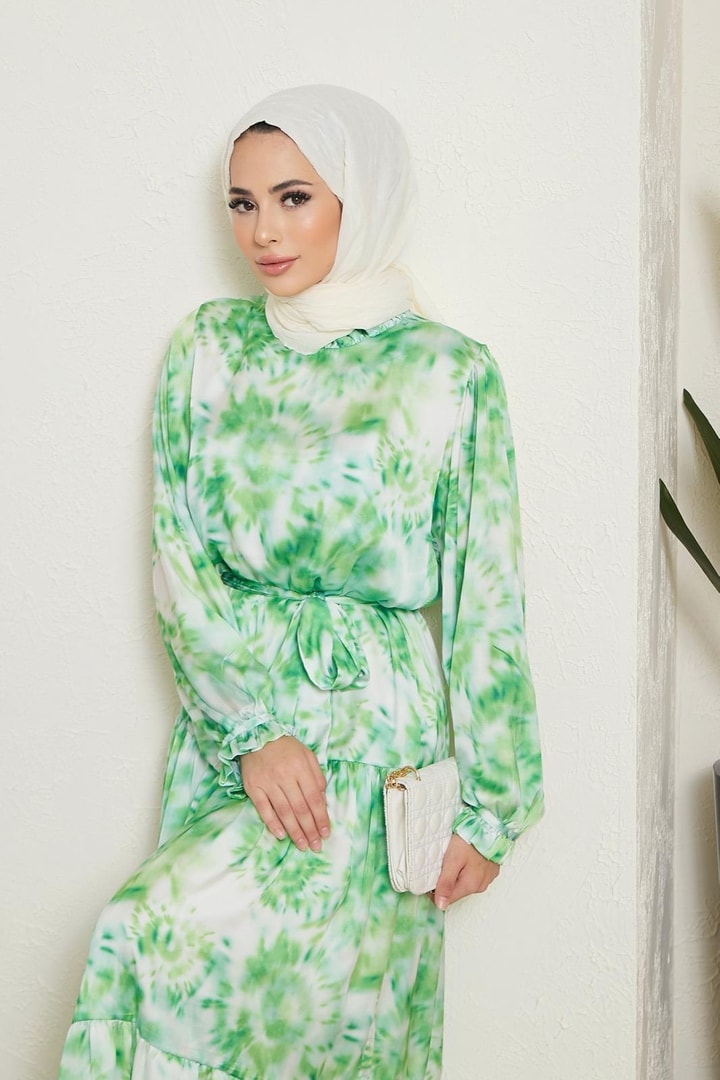 Sette Batik Desen Saten Elbise - Yeşil
