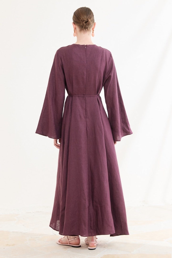 Siena Kloş Keten Elbise - Mürdüm