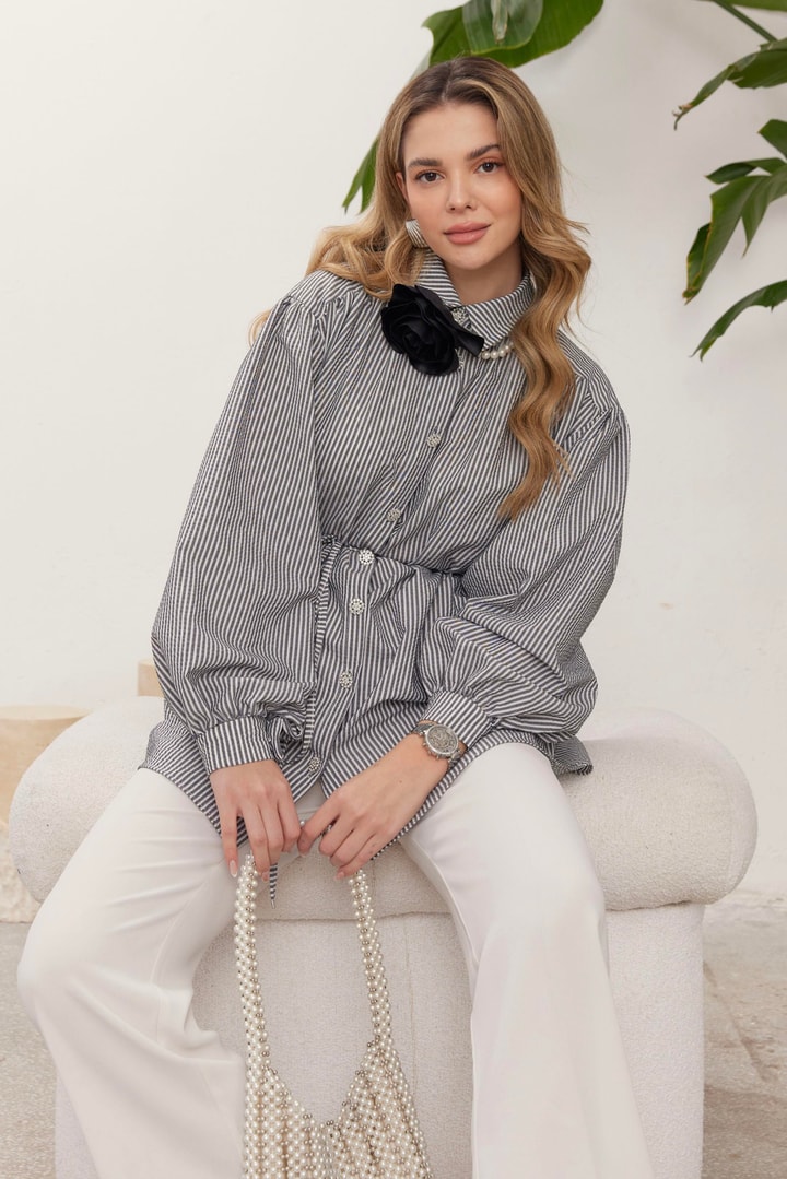 Sophie Çizgili Gömlek - Siyah