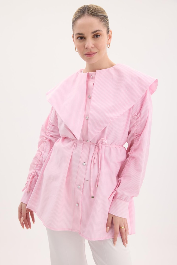 Stella Yaka Detaylı Çizgili Gömlek - Pembe