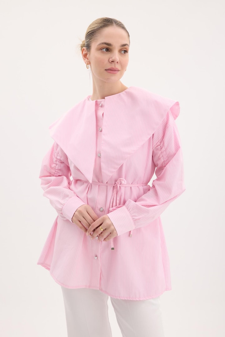 Stella Yaka Detaylı Çizgili Gömlek - Pembe