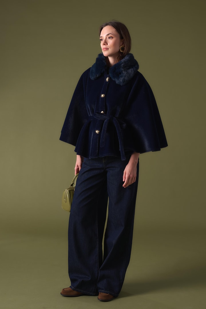 Suzana Yaka Kürklü Goldfox Kimono - Lacivert