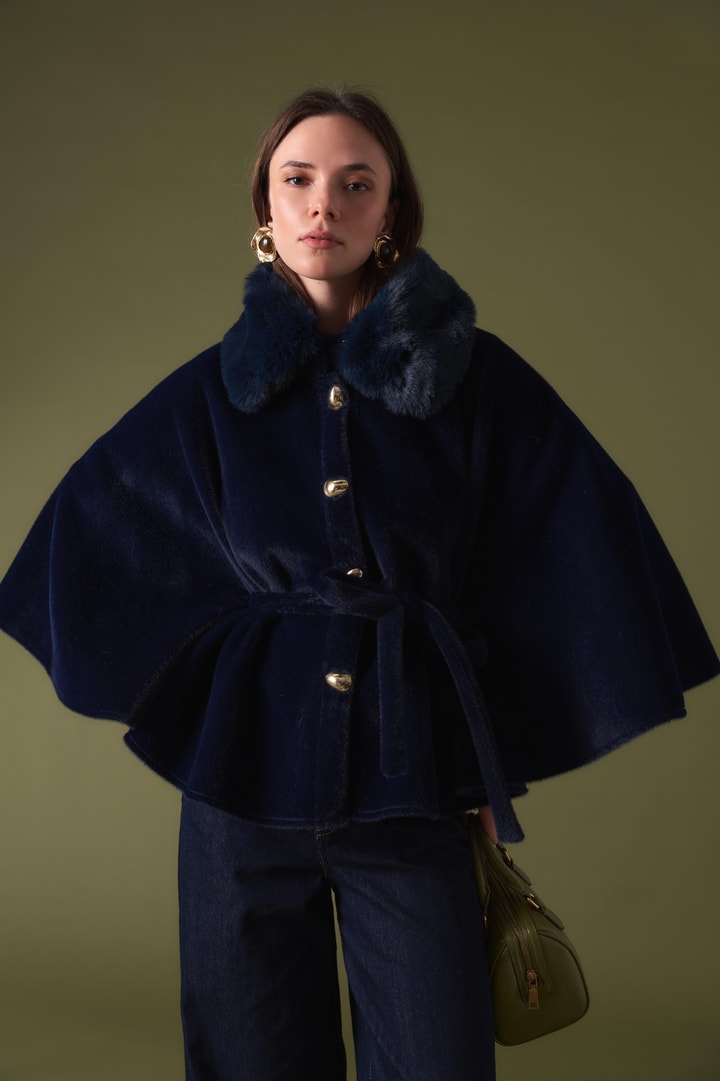 Suzana Yaka Kürklü Goldfox Kimono - Lacivert