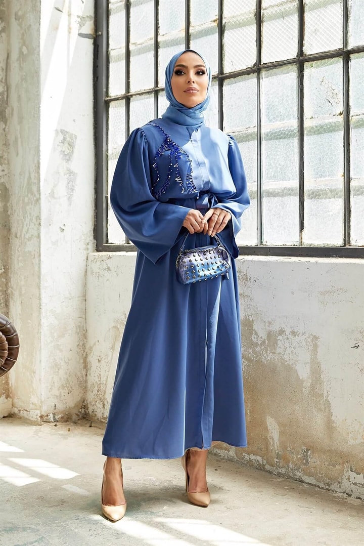 Taşlı Abaya - İndigo