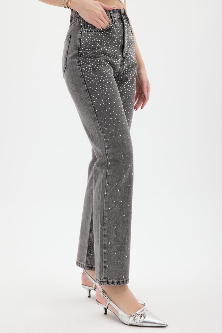 Taşlı Kot Pantolon - Füme