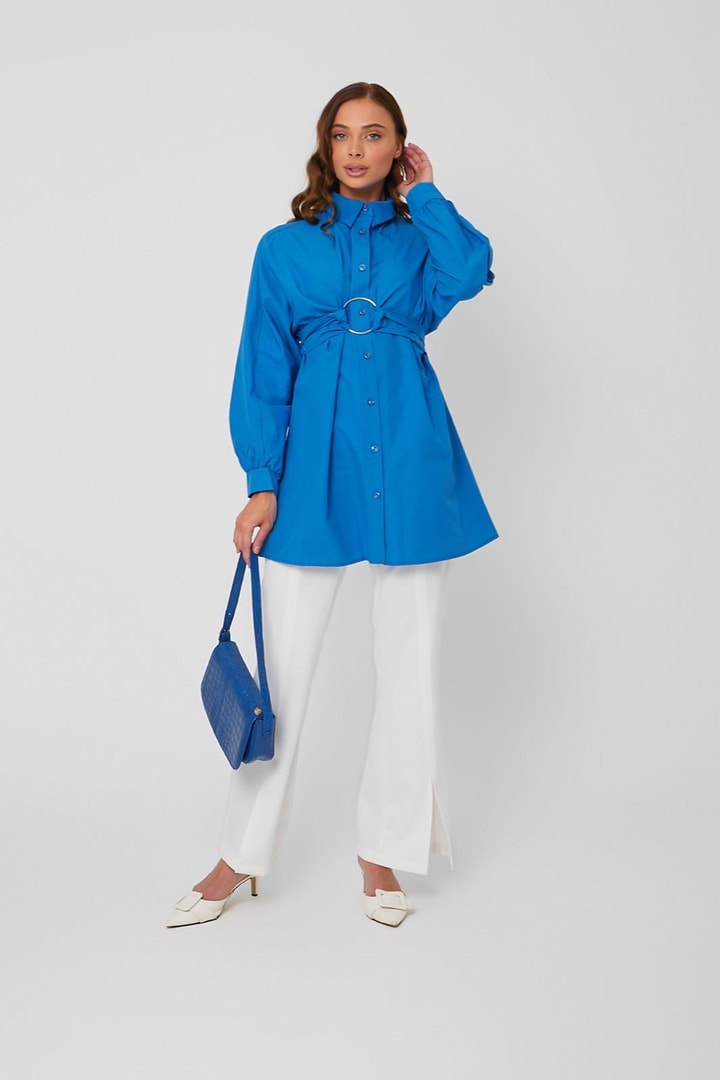 Thinner Poplin Yaka Detaylı Gömlek - saks mavisi