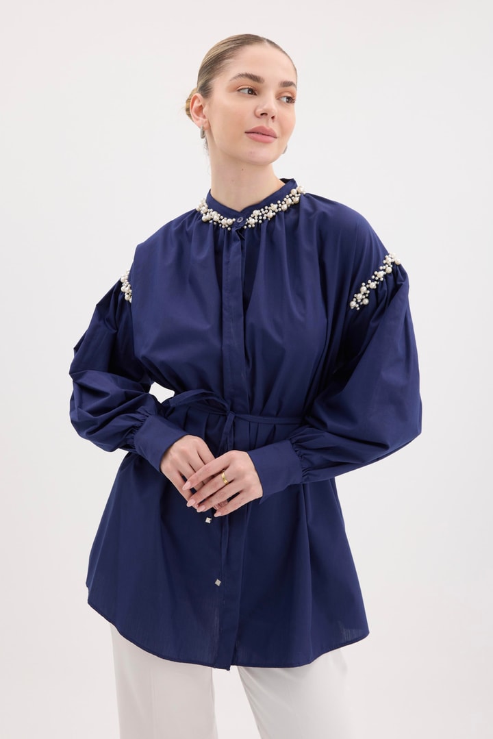 Tilda Kol İnci Detaylı Gömlek - Lacivert
