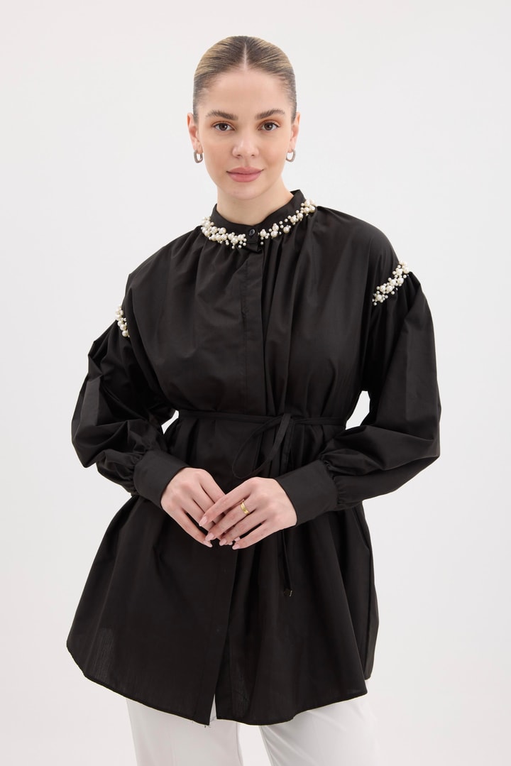 Tilda Kol İnci Detaylı Gömlek - Siyah