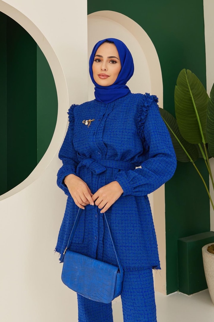 Tori Omzu Fırfırlı Tüvit Takım - saks mavisi