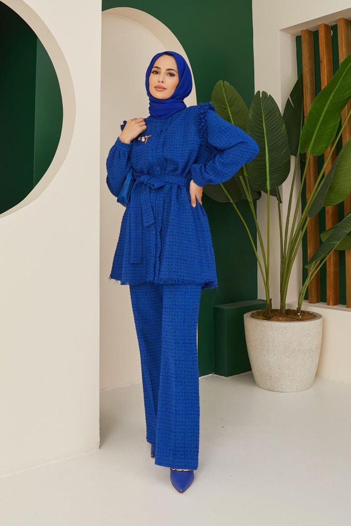 Tori Omzu Fırfırlı Tüvit Takım - saks mavisi