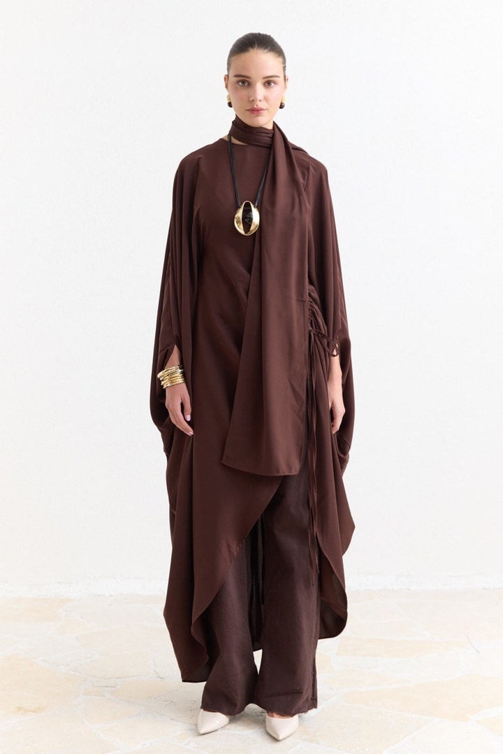 Tünel Detaylı Abaya - Kahve