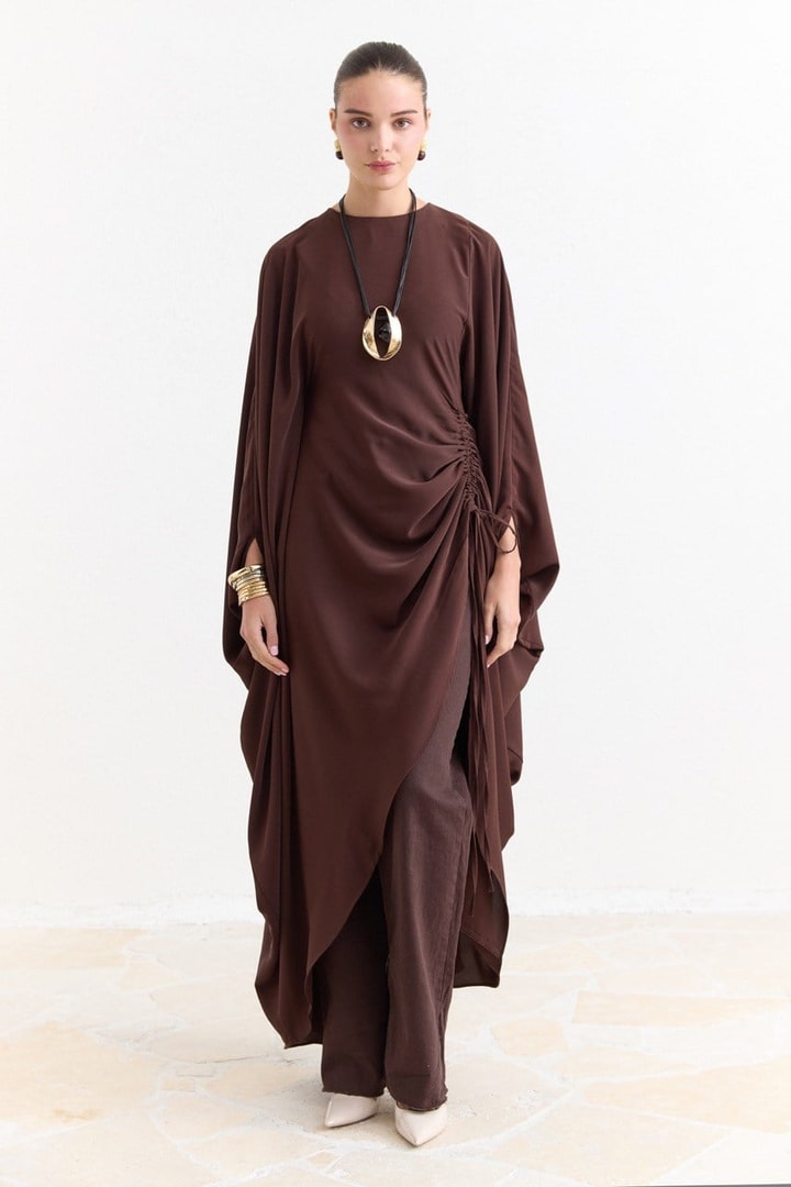 Tünel Detaylı Abaya - Kahve