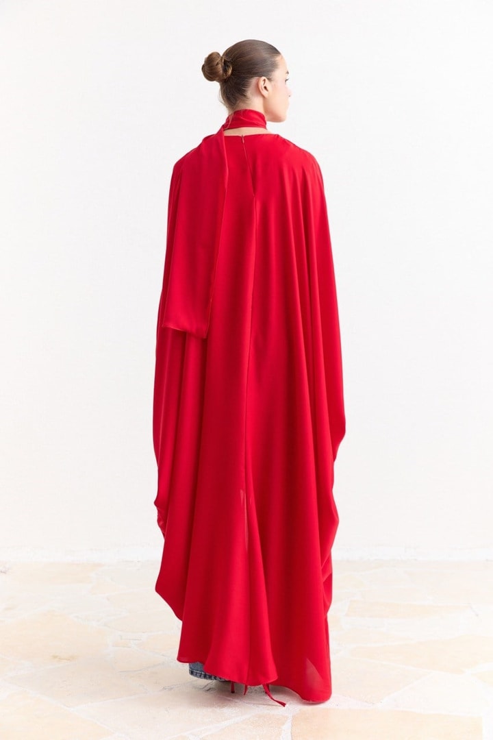Tünel Detaylı Abaya - Kırmızı