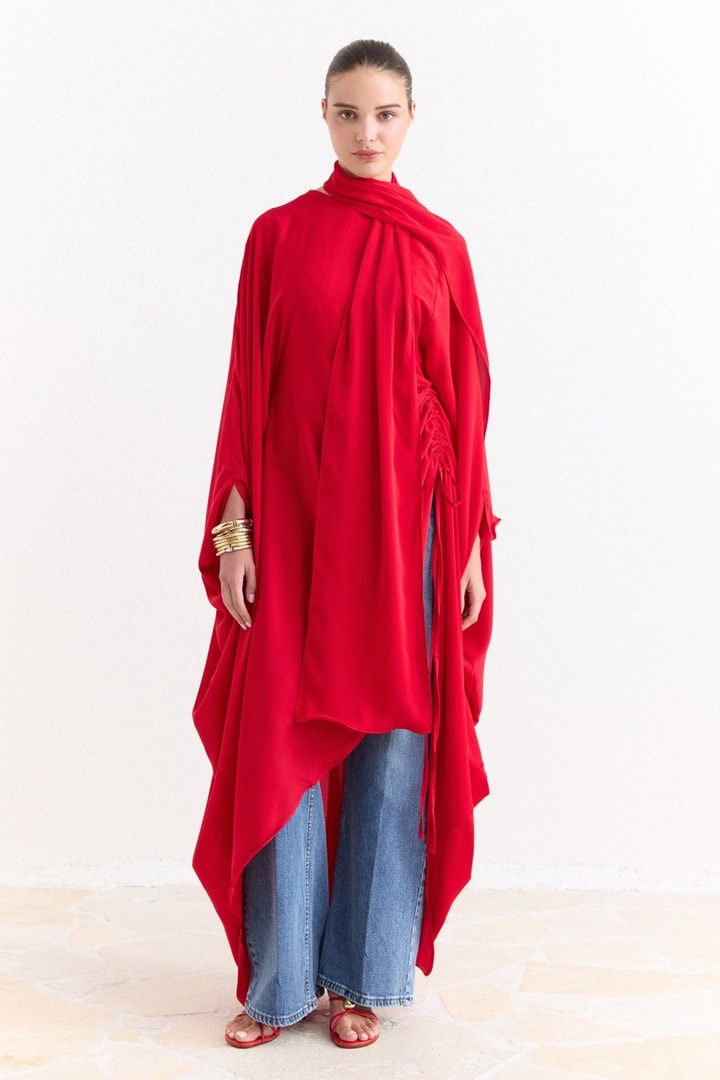 Tünel Detaylı Abaya - Kırmızı