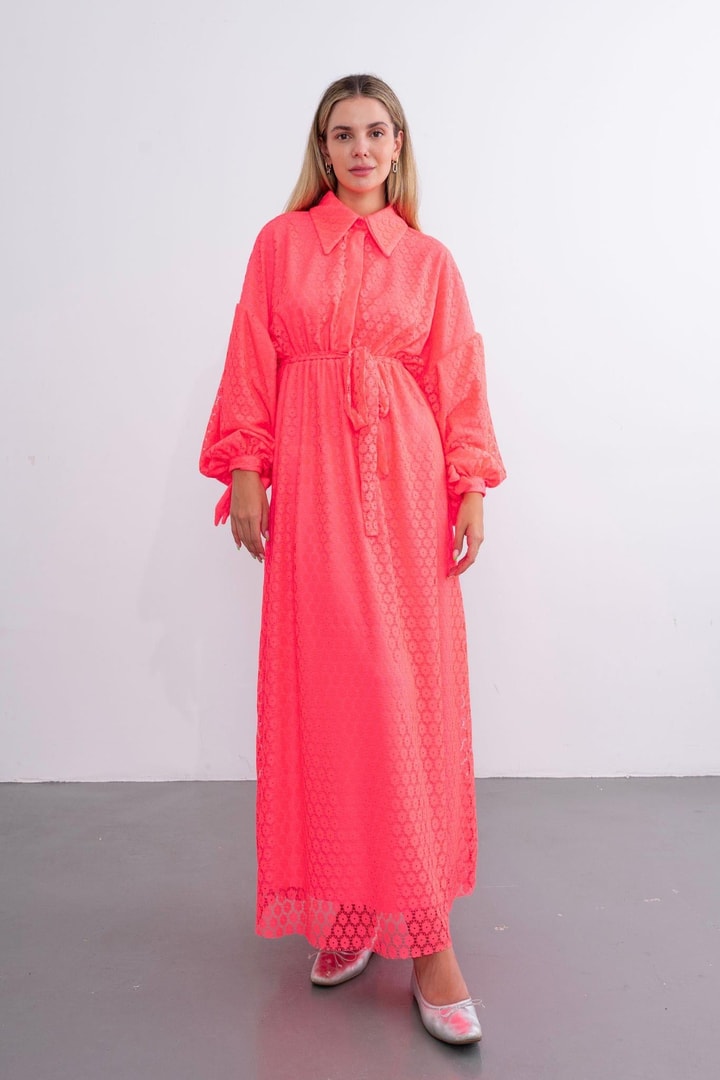 Twins Kolları Bağlamalı Dantel Elbise - Pembe