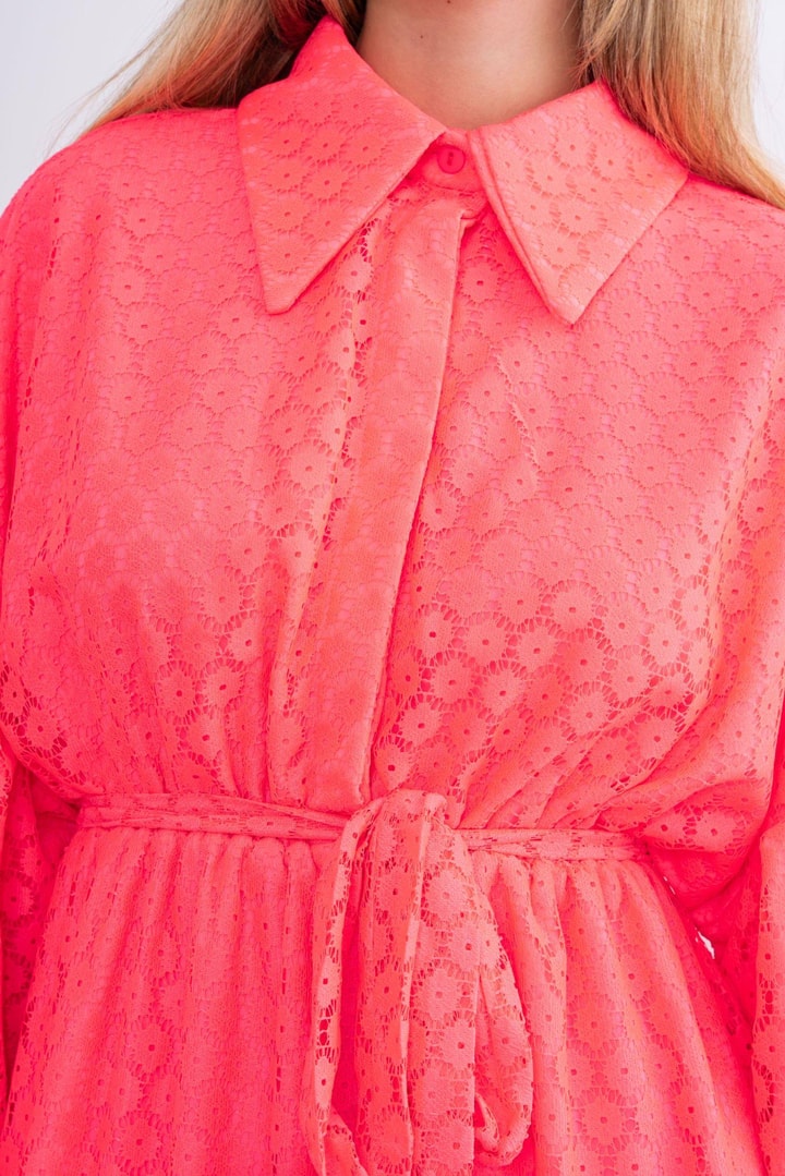 Twins Kolları Bağlamalı Dantel Elbise - Pembe