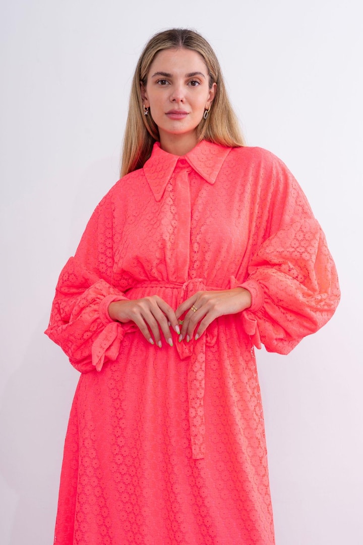 Twins Kolları Bağlamalı Dantel Elbise - Pembe