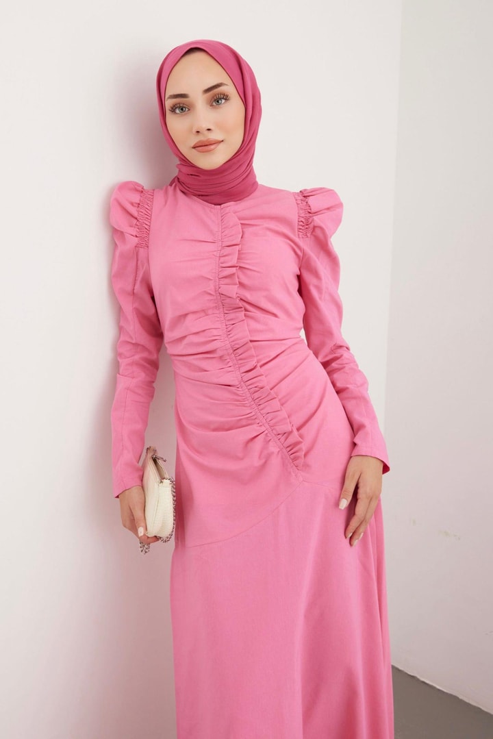 Ulla Büzgü Detaylı  Elbise - Pembe