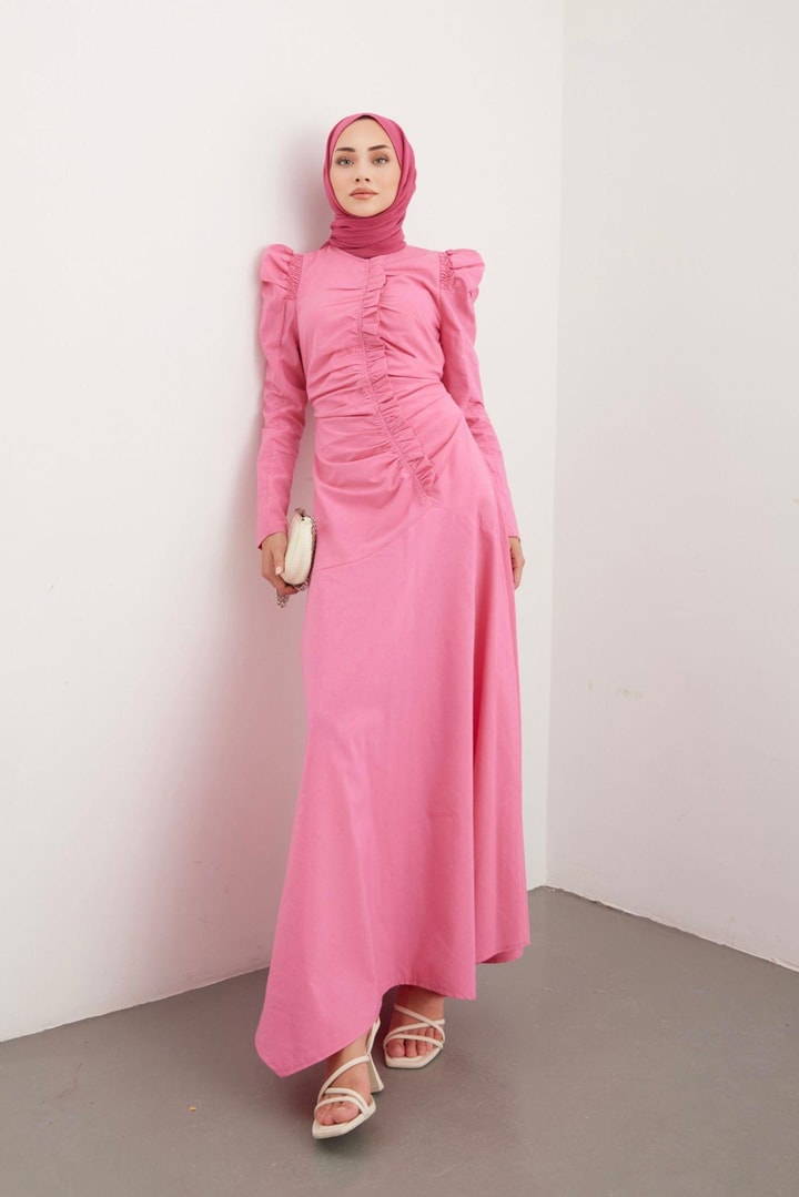Ulla Büzgü Detaylı  Elbise - Pembe