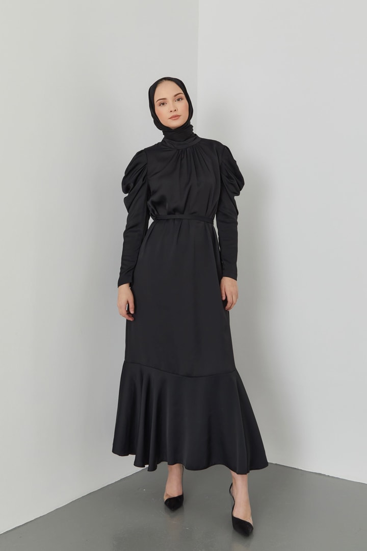 Vanes Kolları Fermuarlı Saten Elbise - Siyah