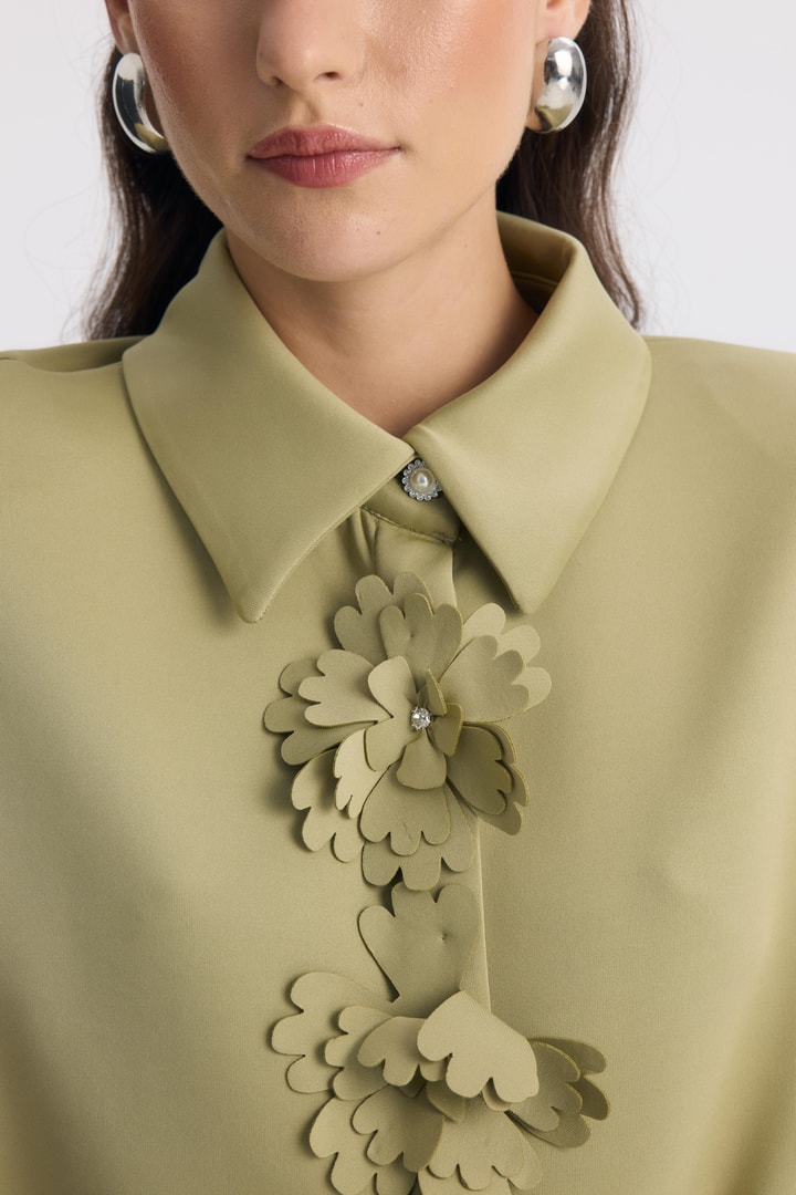 Vena Balon Kol Vatkalı Aksesuar Detay Takım - Fıstık Yeşili