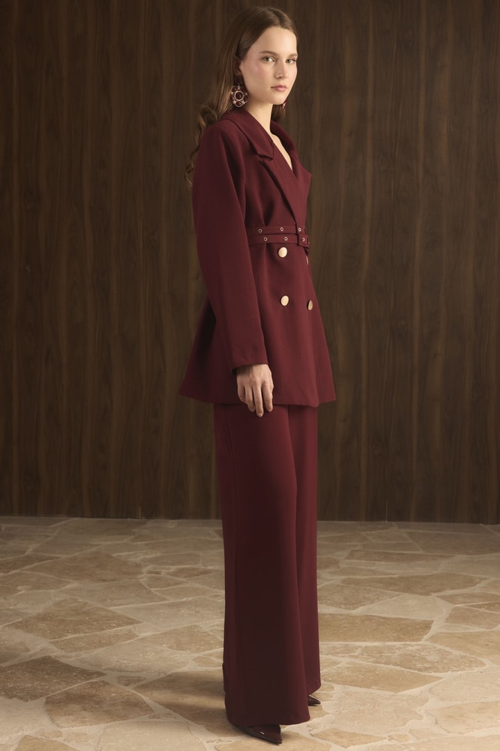 Veranka Kemerli  Blazer Ceket Takım - Bordo