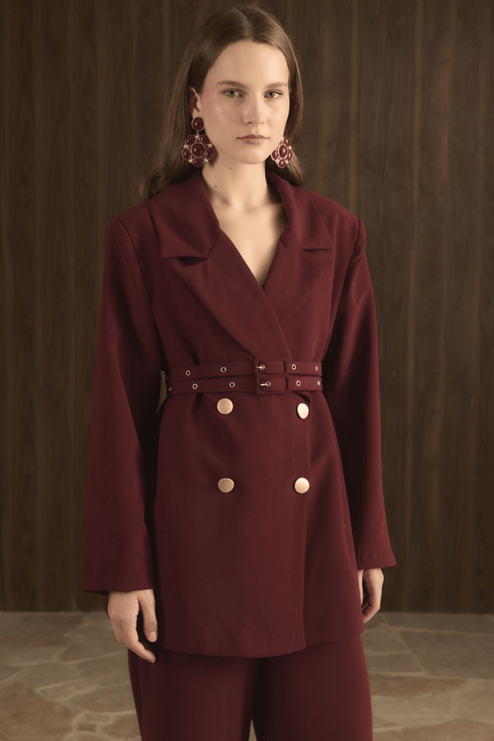 Veranka Kemerli  Blazer Ceket Takım - Bordo