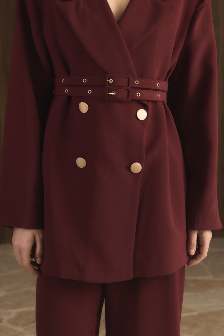 Veranka Kemerli  Blazer Ceket Takım - Bordo