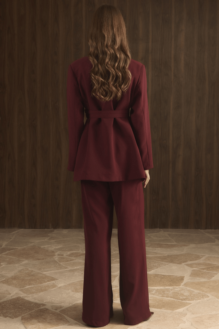 Veranka Kemerli  Blazer Ceket Takım - Bordo