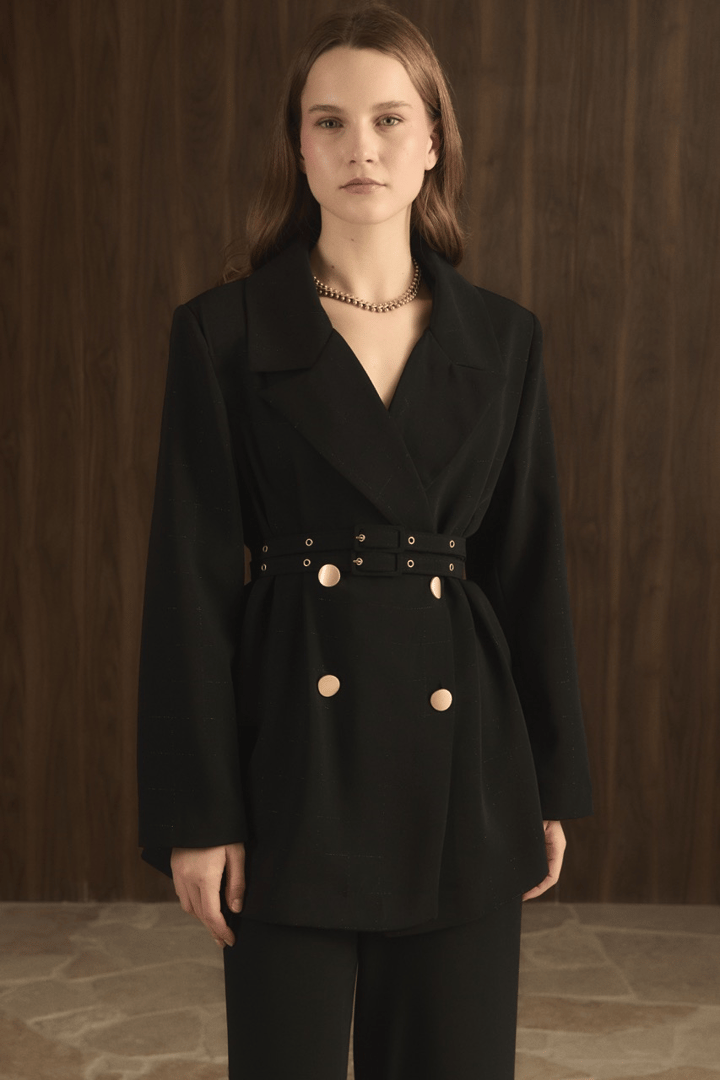 Veranka Kemerli  Blazer Ceket Takım - Siyah
