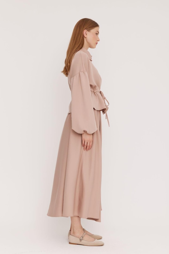 Vilory İnci Düğme Detaylı Scuba Etek Takım - Bej
