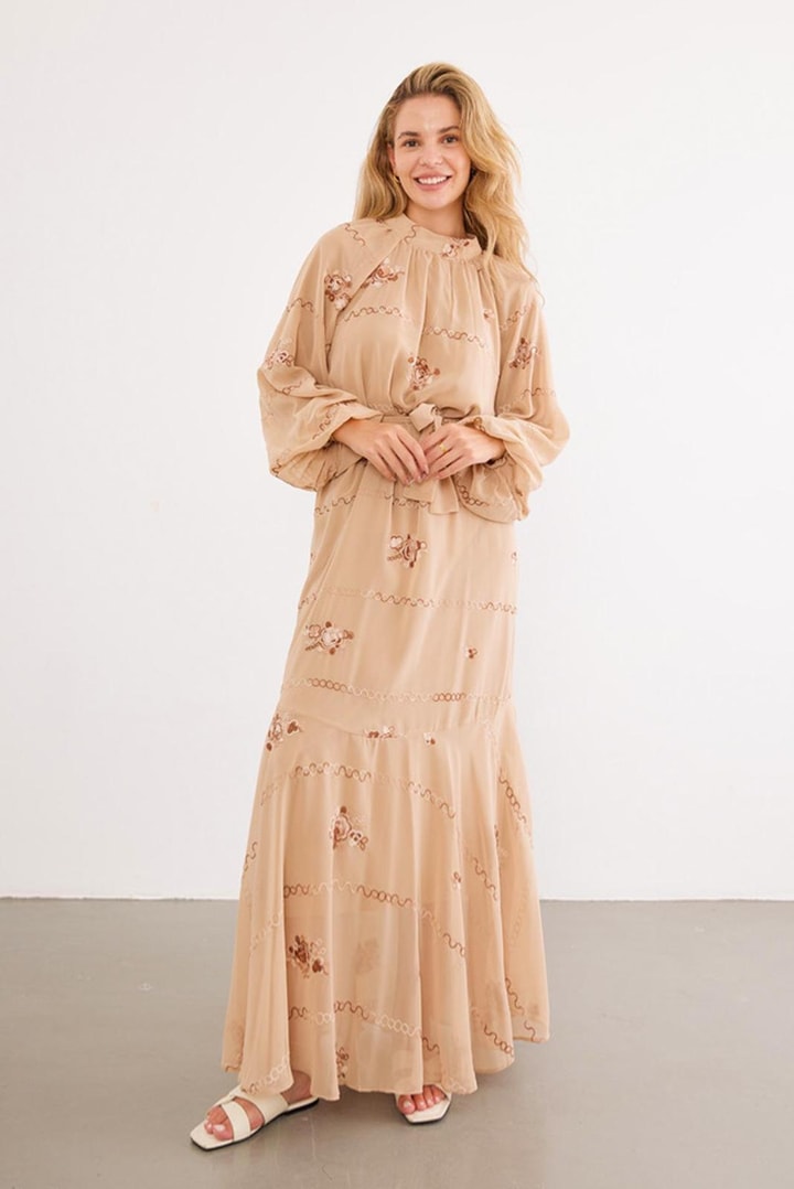 Vilyana Şifon Detaylı Elbise - Camel