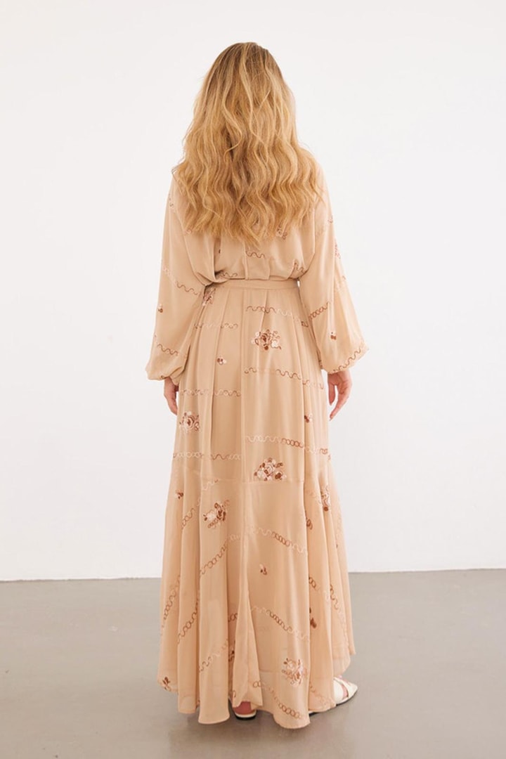 Vilyana Şifon Detaylı Elbise - Camel