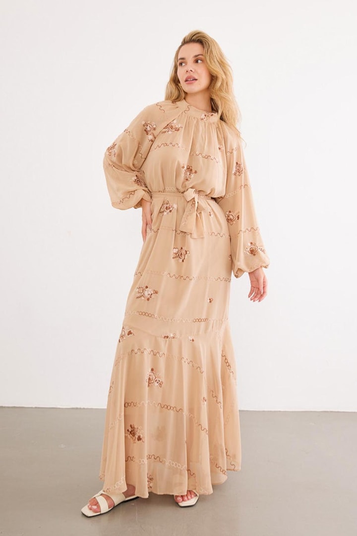 Vilyana Şifon Detaylı Elbise - Camel