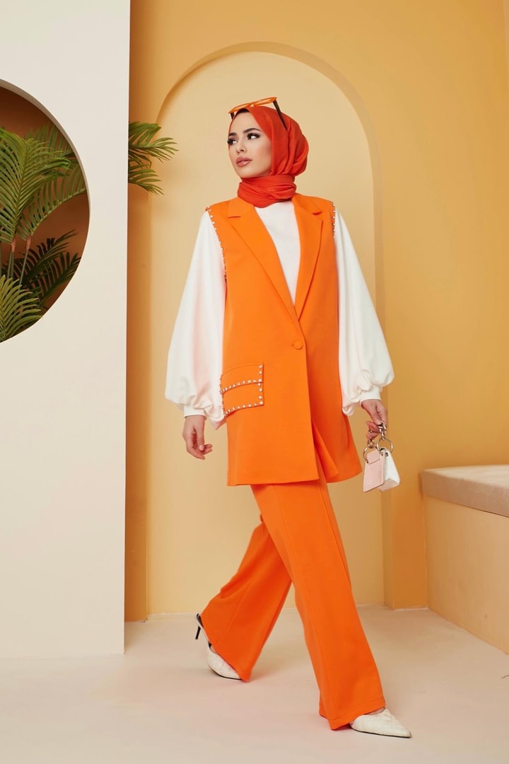 Viyana Taşlı Yelek Takım - Oranj
