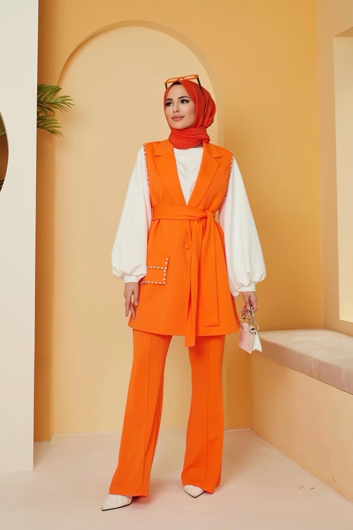 Viyana Taşlı Yelek Takım - Oranj