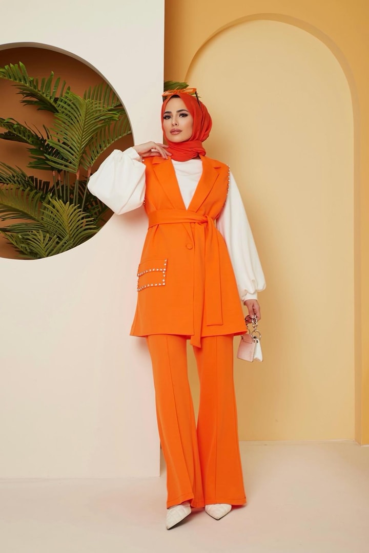 Viyana Taşlı Yelek Takım - Oranj