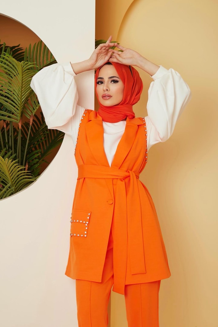 Viyana Taşlı Yelek Takım - Oranj