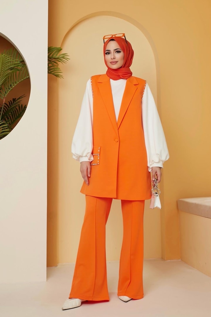 Viyana Taşlı Yelek Takım - Oranj