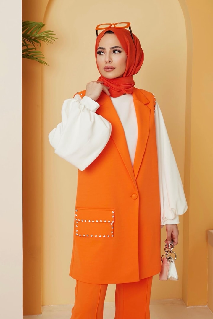 Viyana Taşlı Yelek Takım - Oranj