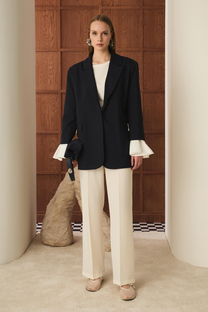 Volan Kol Blazer Ceket - Koyu Lacivert
