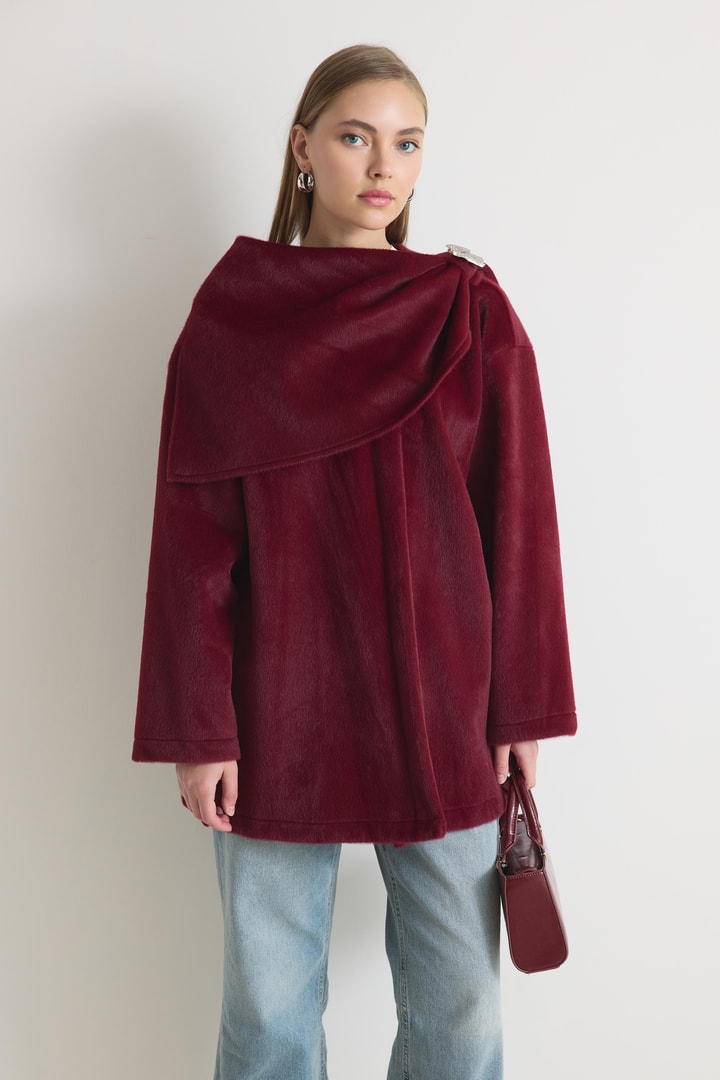 Wanda Omuzdan Şallı Kaşe Ceket - Bordo