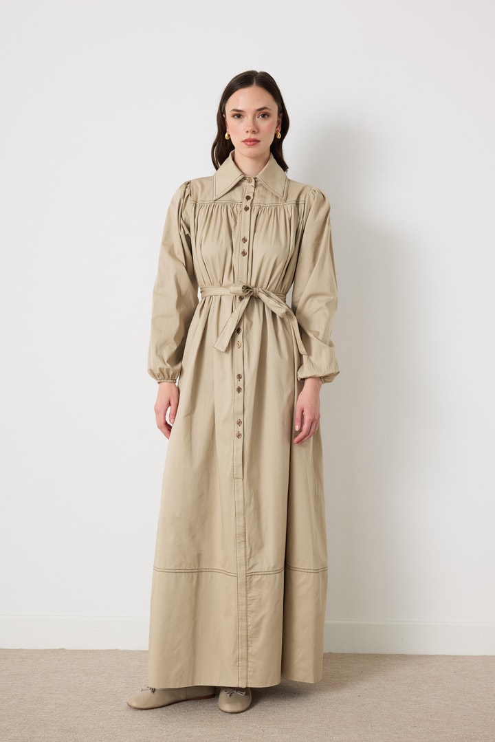 Wilder İpli Gabardin Elbise - Bej