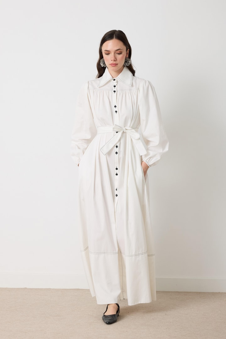 Wilder İpli Gabardin Elbise - Ekru