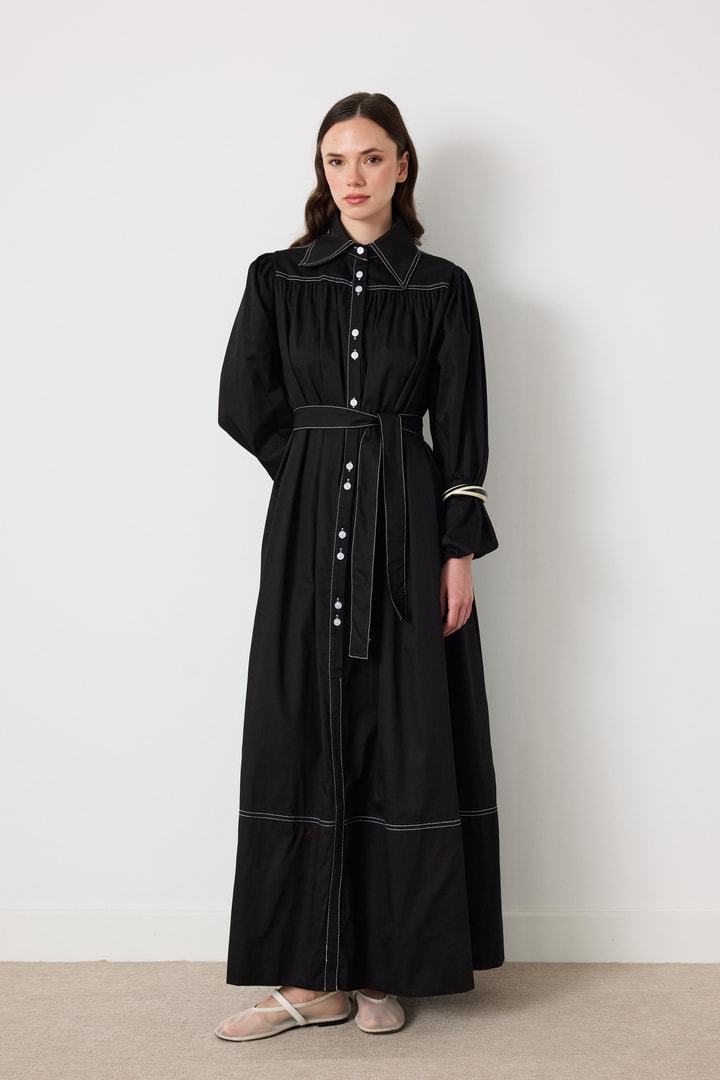 Wilder İpli Gabardin Elbise - Siyah