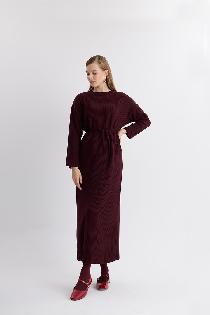 Wilma Basic Triko Kuşaklı Elbise - Bordo