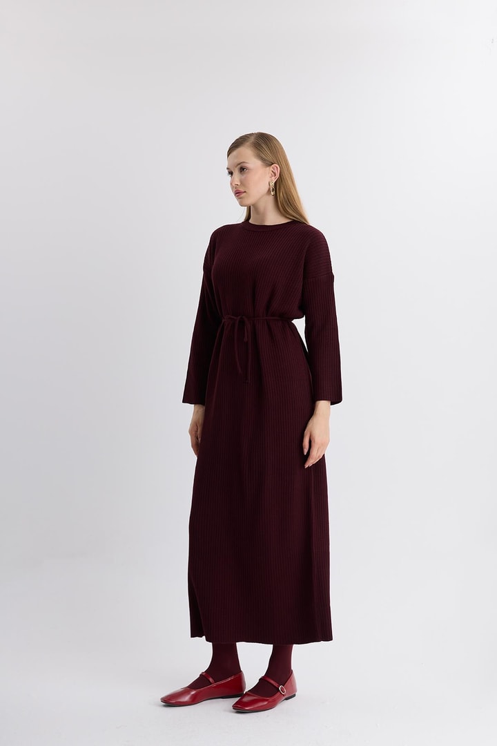 Wilma Basic Triko Kuşaklı Elbise - Bordo