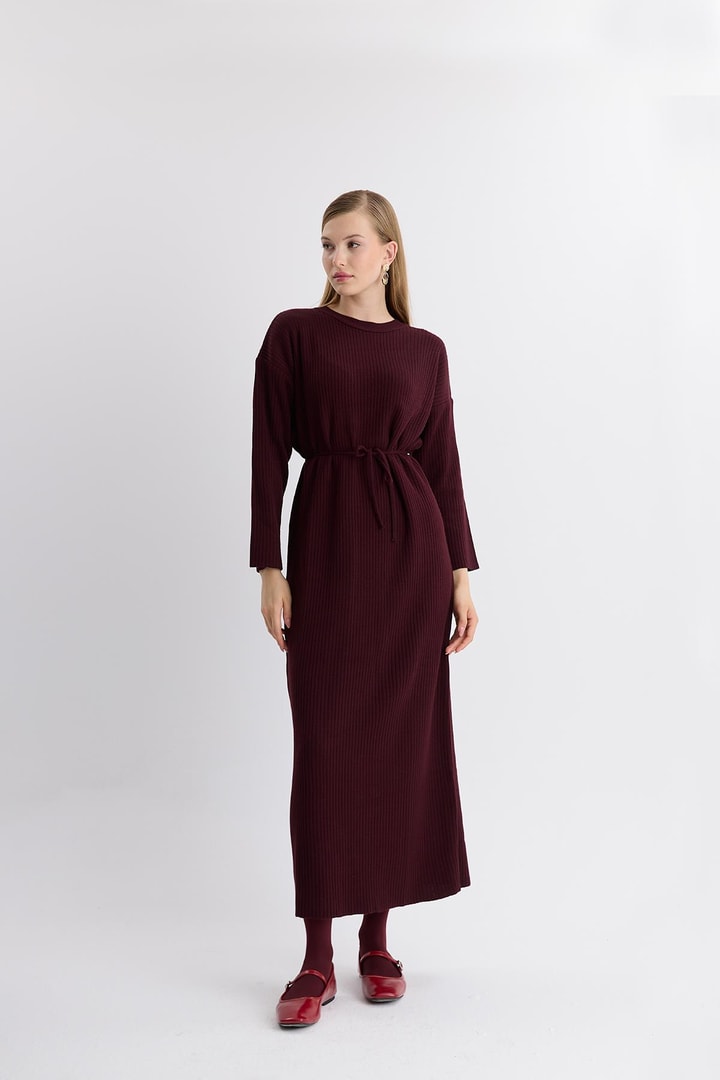 Wilma Basic Triko Kuşaklı Elbise - Bordo