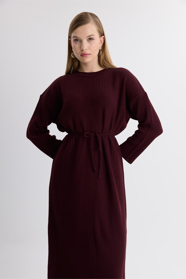 Wilma Basic Triko Kuşaklı Elbise - Bordo