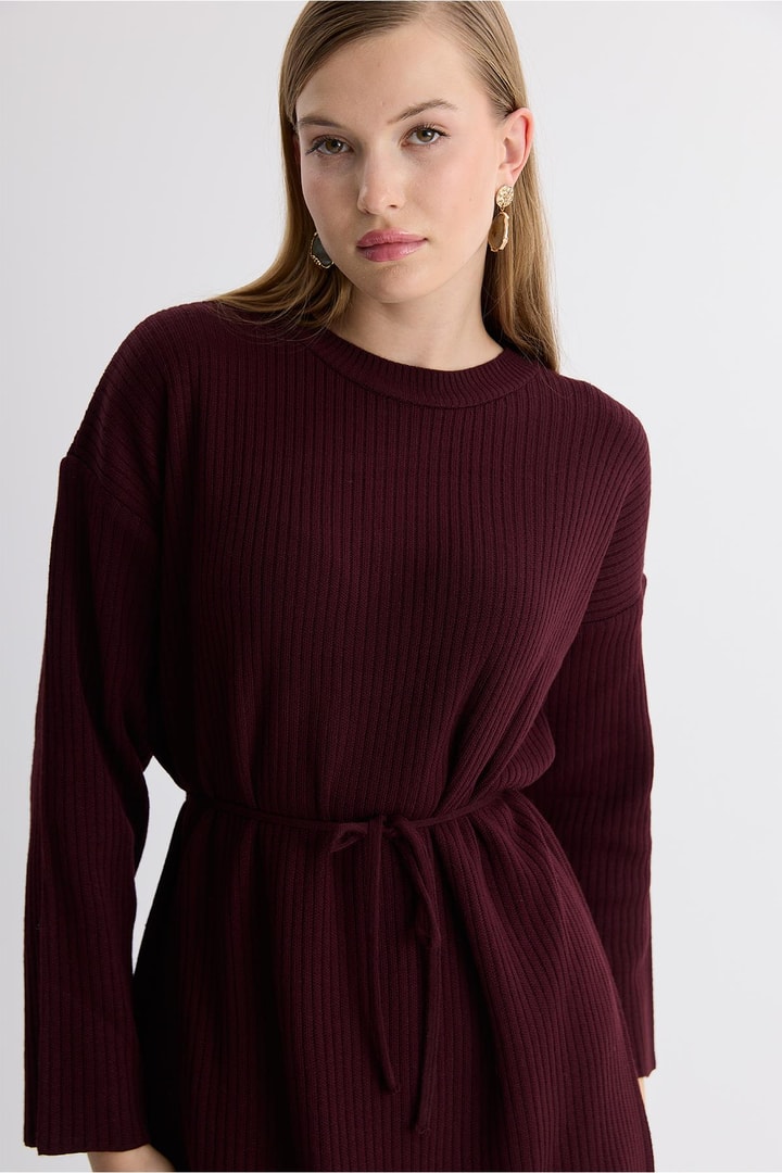 Wilma Basic Triko Kuşaklı Elbise - Bordo